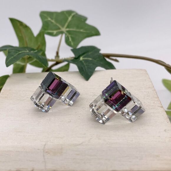 Vintage Mirror Prism Geometric Earrings Purple - Picture 1 of 17